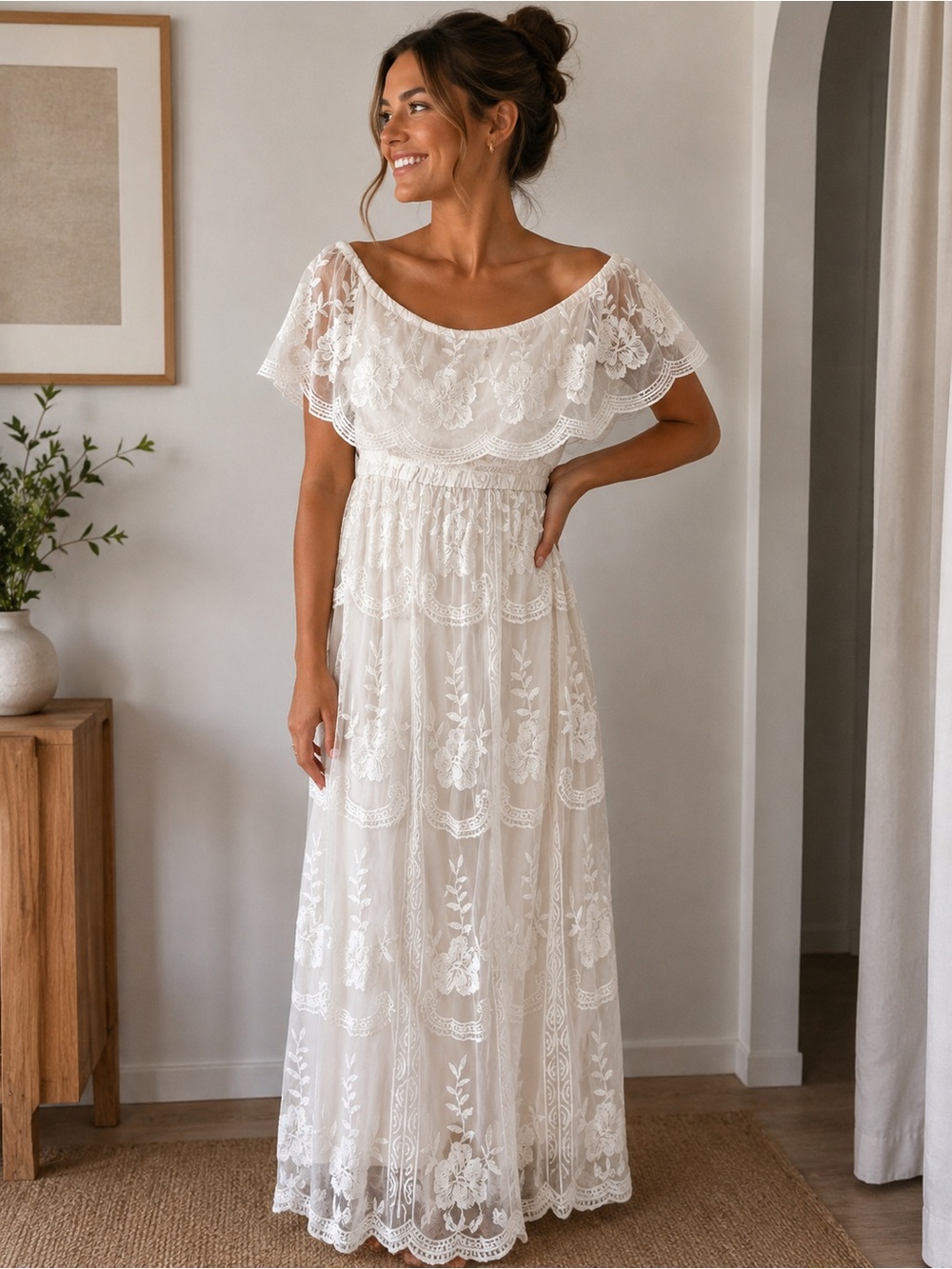 Pinkblush White Off-Shoulder Lace Maxi Dress